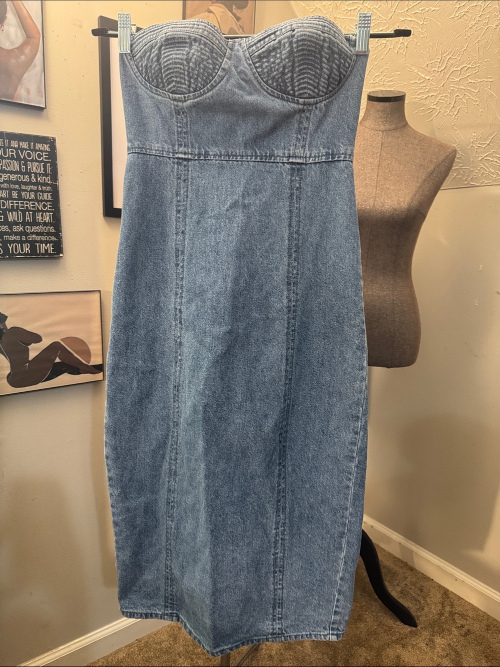 Forever 21 Strapless Blue Denim Midi Dress